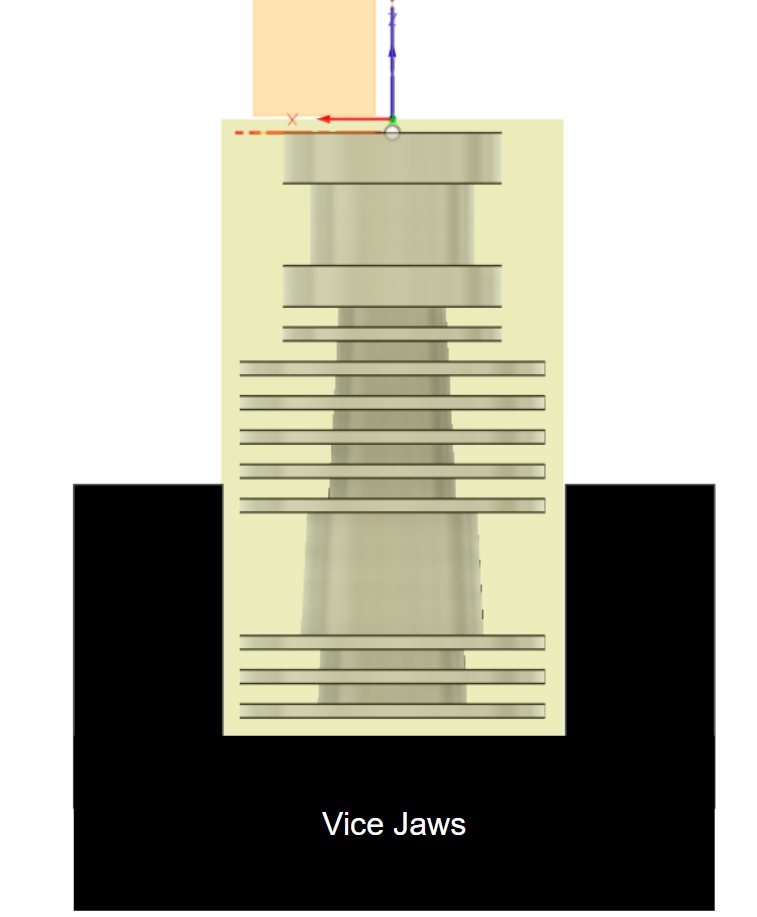 CNC workholding plan — the blank held in vice jaws for machining.